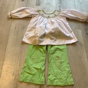 Sage & Lilly Girls Smocked Top & Flare Pants‎ Set Green Pink Floral Embroidery